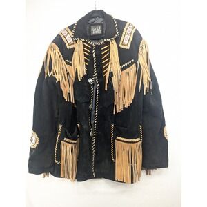 Real Leather Western Fringe Beaded Suede Jacket Black Tan Mens 3XL Bone Accents
